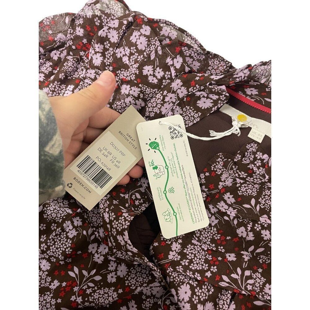 Boden Womens Midi Dress UK 8R US 4R Brown Purple Floral Ruffle Yoke D0307 NWT - Picture 6 of 10
